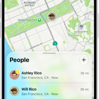 The Find My app showing locations of family members on a map.