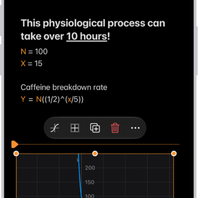 A Math Note open in Calculator, with a declared variable, an equation, and a graph.