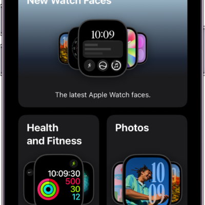 Apple Watch app open to the Face Gallery. The top row shows faces that are new, the next rows show watch faces grouped by type—Health and Fitness, and Photos. You can scroll to see more faces grouped by type.