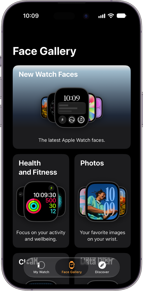 Apple Watch app open to the Face Gallery. The top row shows faces that are new, the next rows show watch faces grouped by type—Health and Fitness, and Photos. You can scroll to see more faces grouped by type.