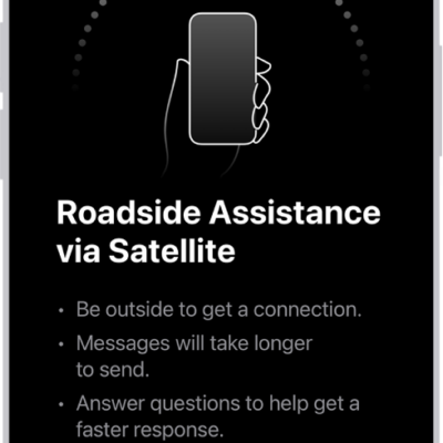 The Roadside Assistance via satellite screen. The Request Assistance button is at the bottom of the screen.