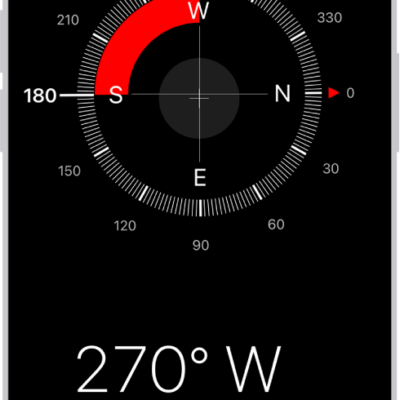 The Compass screen showing the direction iPhone is pointing in, the current location, and the elevation.