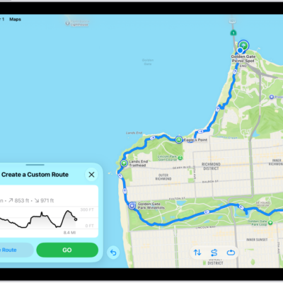 A custom route in the Maps app, with distance, elevation profile, estimated time, and options to save or get directions to the start of the route.