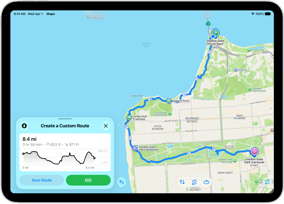 A custom route in the Maps app, with distance, elevation profile, estimated time, and options to save or get directions to the start of the route.