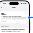 The charging information card in iPhone Battery settings. The card shows the battery at 95% with the message "Charging on Hold: iPhone Temperature." A note below indicates that charging will resume when the iPhone temperature returns to normal.