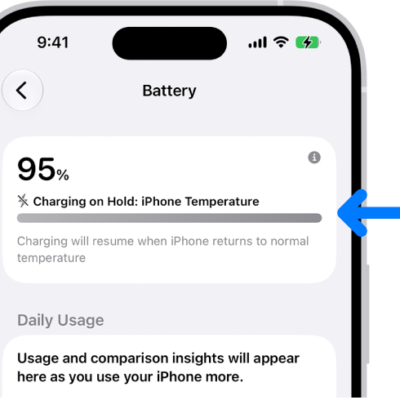 The charging information card in iPhone Battery settings. The card shows the battery at 95% with the message "Charging on Hold: iPhone Temperature." A note below indicates that charging will resume when the iPhone temperature returns to normal.