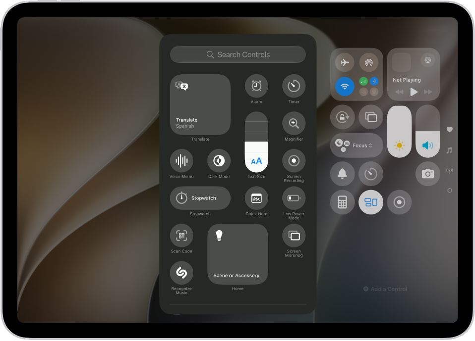 A screen showing controls you can add to Control Center, such as Text Size, Dark Mode, and Quick Note.