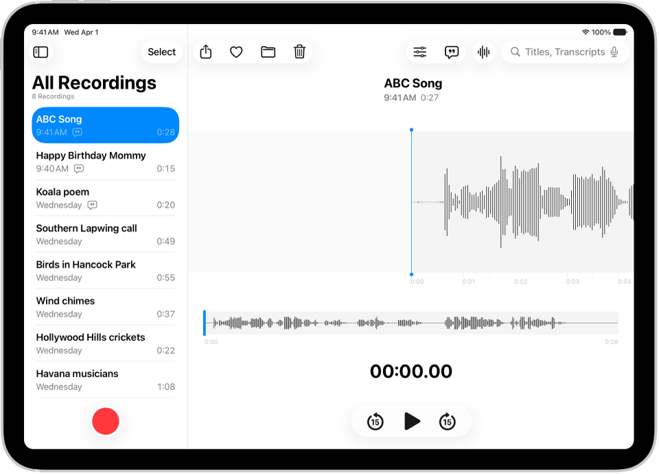 A recording made in Voice Memos. The list of recordings is on the left, with a selected recording at the top. On the right, the waveform has a playhead, which you can drag to go to a specific place in the recording. Above the waveform are the Share, Favorite, Move, Delete, Playback Options, Transcription, and Edit buttons. Below the timeline are the Playback controls.