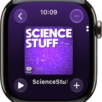 A Podcasts screen showing an episode with the Back, Play, More Options, and Audio Output buttons.