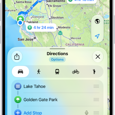An iPhone showing a map with several driving route options to the same destination. Each route shows the estimated time and distance, and a Go button to start turn-by-turn directions. Color coding on each route indicates traffic conditions.