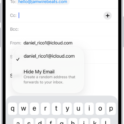 A draft email being composed. The From field is selected with two options listed below it—a personal email address and Hide My Email.