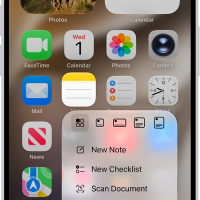 A blurred Home Screen, with the Camera Quick Actions menu showing below the Camera app icon.
