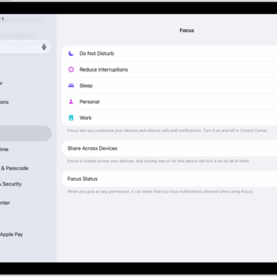 A screen showing six provided Focus options—Do Not Disturb, Driving, No messages during calls, Sleep, Personal, and Work. The Share Across Devices button is on, which allows the same Focus settings to be used across your Apple devices.