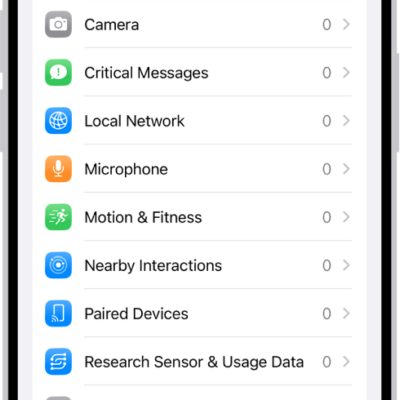 The Privacy & Security screen, with settings to control whether apps can use the camera, microphone, and other parts of your iPhone.
