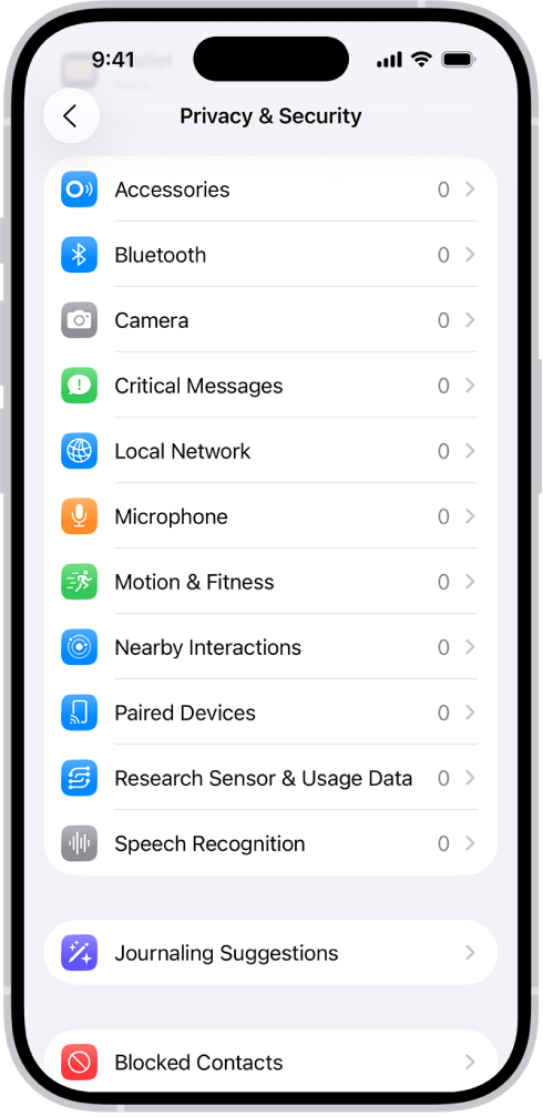 The Privacy & Security screen, with settings to control whether apps can use the camera, microphone, and other parts of your iPhone.