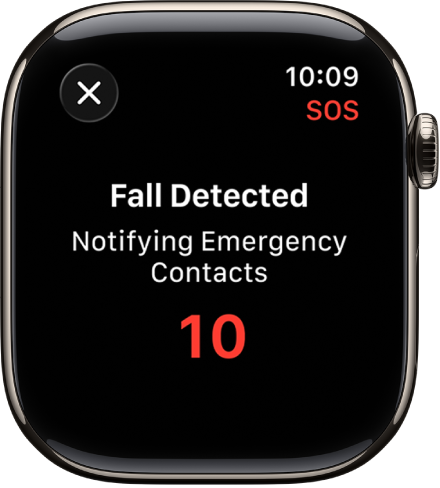 A screen showing “Fall Detected” and a countdown to notify emergency contacts.