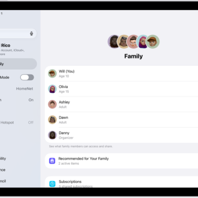 The Family screen in Settings. Up to five family members are listed above the features that are shared.
