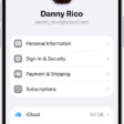 The Apple Account Settings shown with a list of options including personal information, subscriptions, Find My, and more.