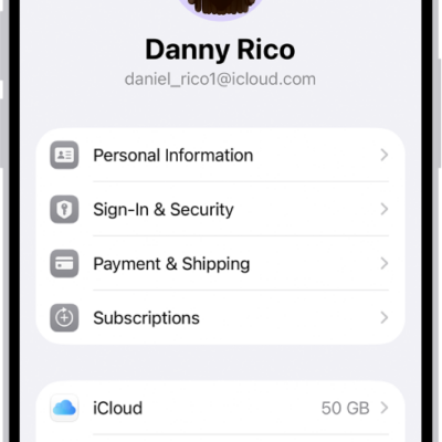 The Apple Account Settings shown with a list of options including personal information, subscriptions, Find My, and more.