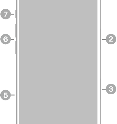 The front view of iPhone 17. The front camera is at the top center. The side button is on the right side. The USB-C connector is on the bottom. On the left side, from bottom to top, are the SIM tray, the volume buttons, and the Action button.