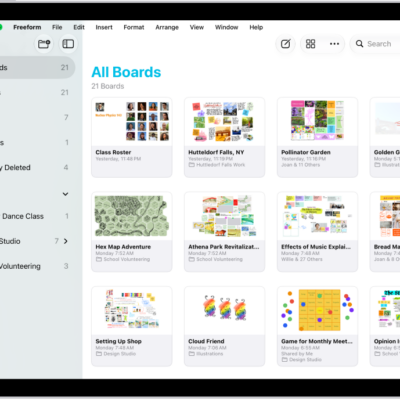 Freeform is open on iPad. All Boards is selected in the sidebar, and board thumbnails appear on the right.