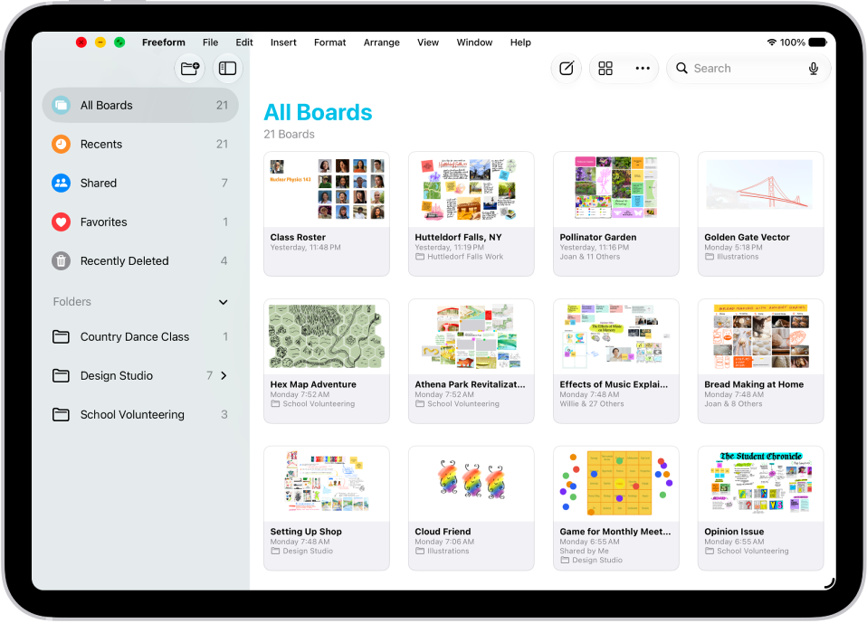 Freeform is open on iPad. All Boards is selected in the sidebar, and board thumbnails appear on the right.