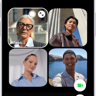 A Group FaceTime call with five participants. Each participant appears in a separate tile. The FaceTime controls are at the bottom-right side of the screen.
