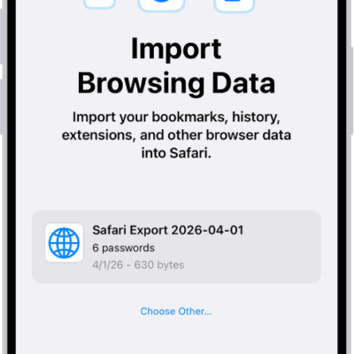 The Import Browsing Data screen, showing the CSV file of passwords from another password manager to be imported.