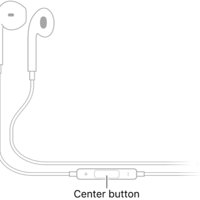Apple EarPods; the center button is located on the cord leading to the earpiece for the right ear.