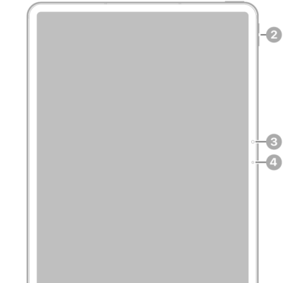 The front view of iPad Air with callouts to the top button and Touch ID at the top right, the volume buttons at the top right, the front camera at the center right, and the microphone on the right.