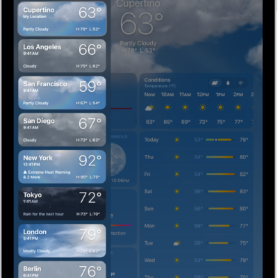 The Weather screen showing the sidebar on the left side of the screen. In the sidebar is a list of cities showing the current time, temperature, forecast, and high and low temperatures. At the top of the list, My Location is selected and on the right side of the screen are the weather forecast and conditions for that location.