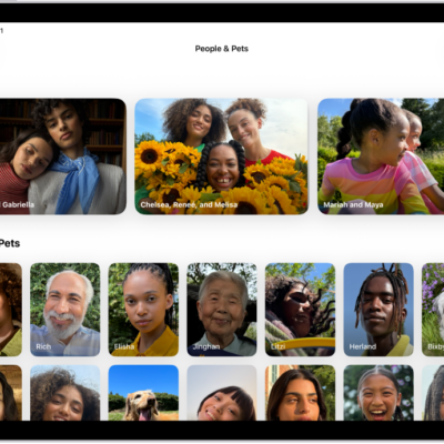 The People & Pets screen in the Photos app. There is a row of groups at the top of the screen, with individual people and pets below.