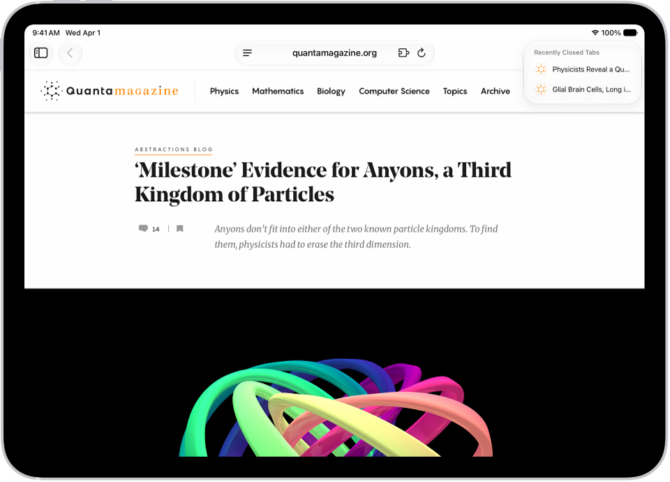 In Safari, a webpage is open. At the top right of the screen, the New Tab button is selected, and a list of two recently closed tabs is visible.