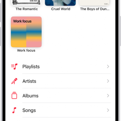 The Library tab showing a list of categories including Playlists, Artists, Albums, Songs, and Downloaded. The Recently Added heading appears below the list. The MiniPlayer showing the title of the current song and the Pause and Next buttons appear near the bottom.