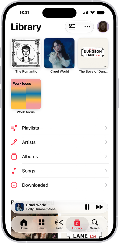 The Library tab showing a list of categories including Playlists, Artists, Albums, Songs, and Downloaded. The Recently Added heading appears below the list. The MiniPlayer showing the title of the current song and the Pause and Next buttons appear near the bottom.