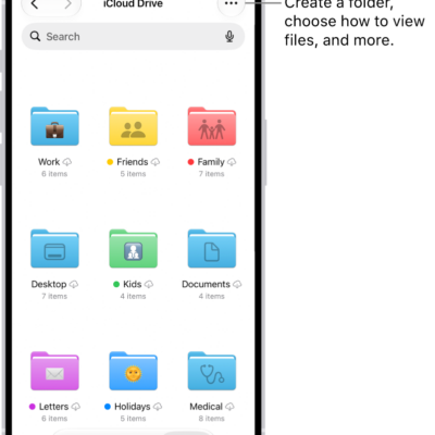 The Files app showing the files and folders in your iCloud Drive. The More menu has options for Selecting items, creating a new folder, Scan Documents, and Connect to Server. Below that are options to view items on the screen as Icons or a List. At the bottom are sort options for Name, Kind, Date, Size, and Tags followed by View Options.