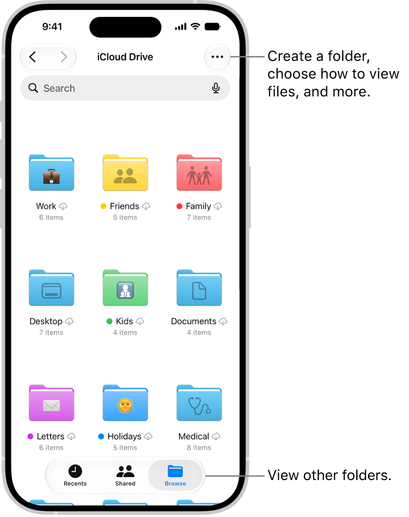 The Files app showing the files and folders in your iCloud Drive. The More menu has options for Selecting items, creating a new folder, Scan Documents, and Connect to Server. Below that are options to view items on the screen as Icons or a List. At the bottom are sort options for Name, Kind, Date, Size, and Tags followed by View Options.