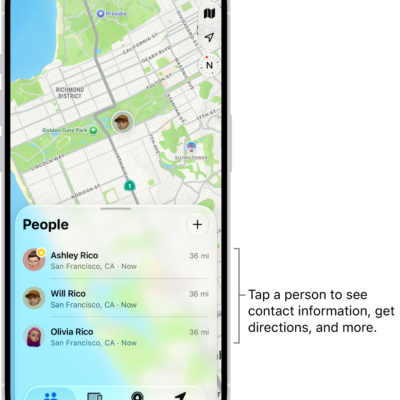 The Find My People list, with the Add button at the top. Tapping a person in the list shows their contact information, directions, and more.