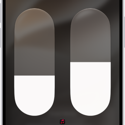 The volume screen in Control Center showing the volume level for two pairs of AirPods. Below the volume indicator on the left is the Listening Mode button, indicating that Transparency mode is on. Below the volume indicator on the right is the Listening Mode button, indicating that Transparency mode is on.