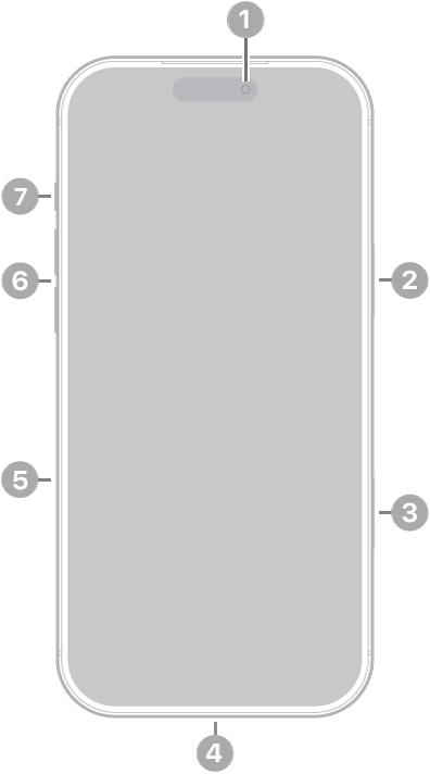 The front view of iPhone 17 Pro Max. The front camera is at the top center. The side button is on the right side. The USB-C connector is on the bottom. On the left side, from bottom to top, are the SIM tray, the volume buttons, and the Action button.
