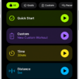 The Fitness Workout screen showing details for an Outdoor Run workout. Below Outdoor Run are options to choose media and set up Workout Buddy. In the center, from top to bottom, are options to start a workout, a custom workout, a pacer workout, and workouts with distance and calorie goals.