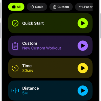The Fitness Workout screen showing details for an Outdoor Run workout. Below Outdoor Run are options to choose media and set up Workout Buddy. In the center, from top to bottom, are options to start a workout, a custom workout, a pacer workout, and workouts with distance and calorie goals.