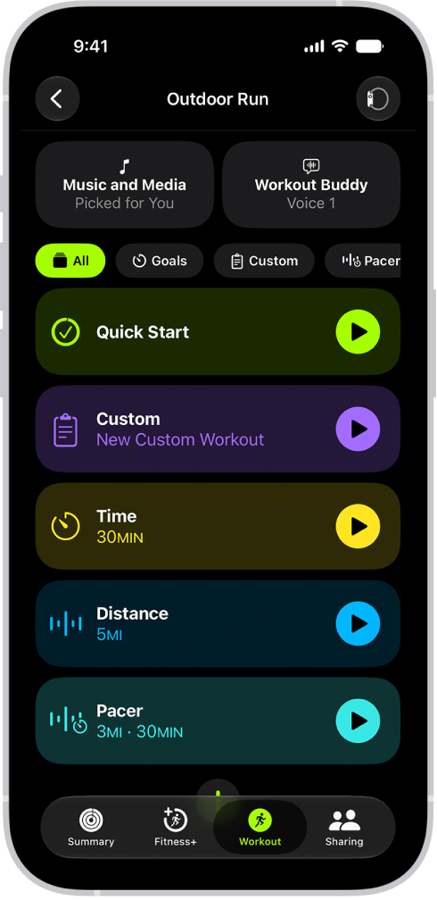 The Fitness Workout screen showing details for an Outdoor Run workout. Below Outdoor Run are options to choose media and set up Workout Buddy. In the center, from top to bottom, are options to start a workout, a custom workout, a pacer workout, and workouts with distance and calorie goals.