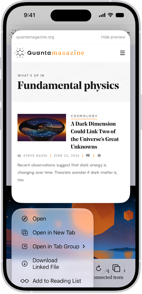 A preview of a website followed by a list of possible actions: Open, Open in New Tab, Open in Tab Group, Download Linked File, and Add to Reading List.