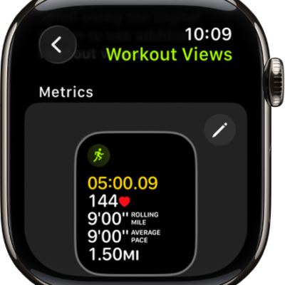 The Workout Views screen, showing the Metrics workout view for a Hiking workout.