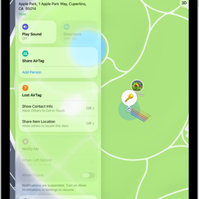 A Find My screen show an AirTags sharing their location.