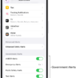 The Notifications screen, showing the Government Alerts you can turn on to receive government alerts.