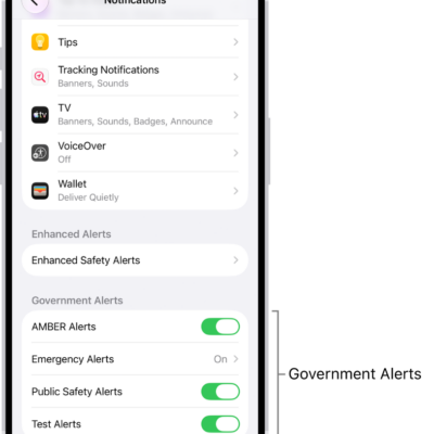 The Notifications screen, showing the Government Alerts you can turn on to receive government alerts.