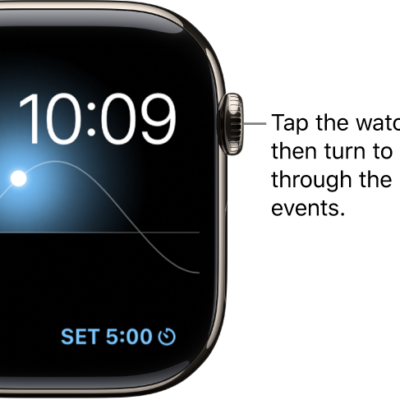 The Solar Graph watch face displays the day, date, and current time, which can't be modified. A Timer complication appears at the bottom right. Tap the watch face, then turn the Digital Crown to move the sun in the sky to dusk, dawn, zenith, sunset, and darkness.