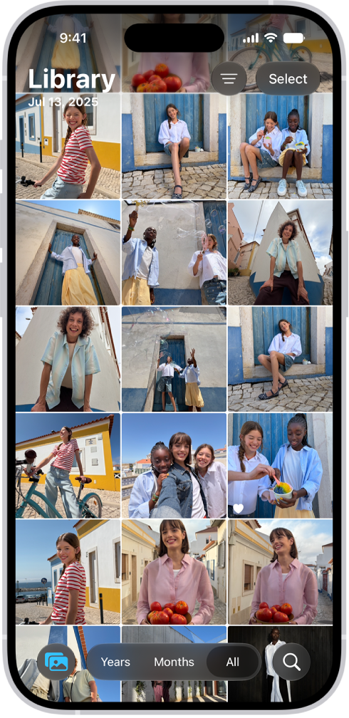 The Photos app is open to the photo library grid. At the bottom of the screen, from left to right, are buttons to view the library by Years, Months, and All buttons. In the bottom-right corner is the Search button.